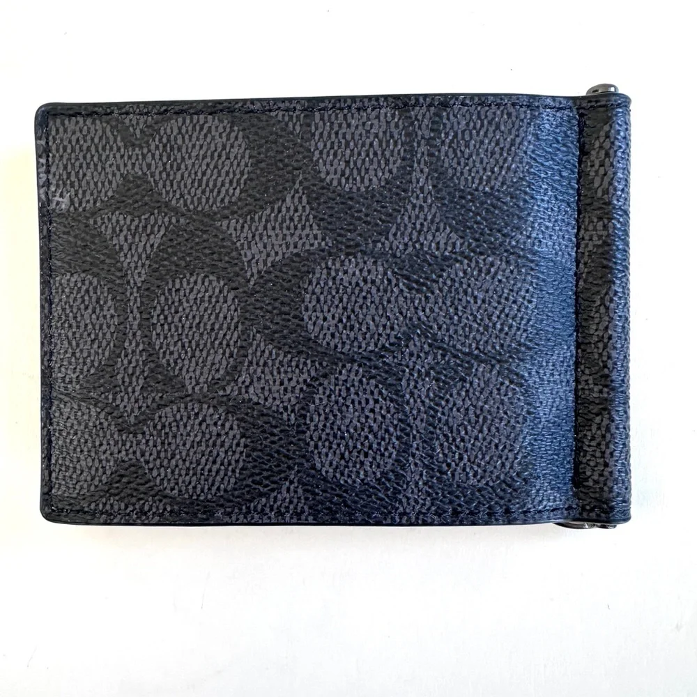 COACH SLIM MONEY CLIP BILLFOLD WALLET BLACK/GRAY SIGNATURE CANVAS NEW GIFT WRAP